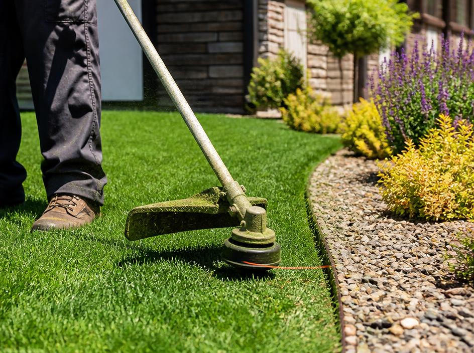 Close-up of professional lawn edging and trimming