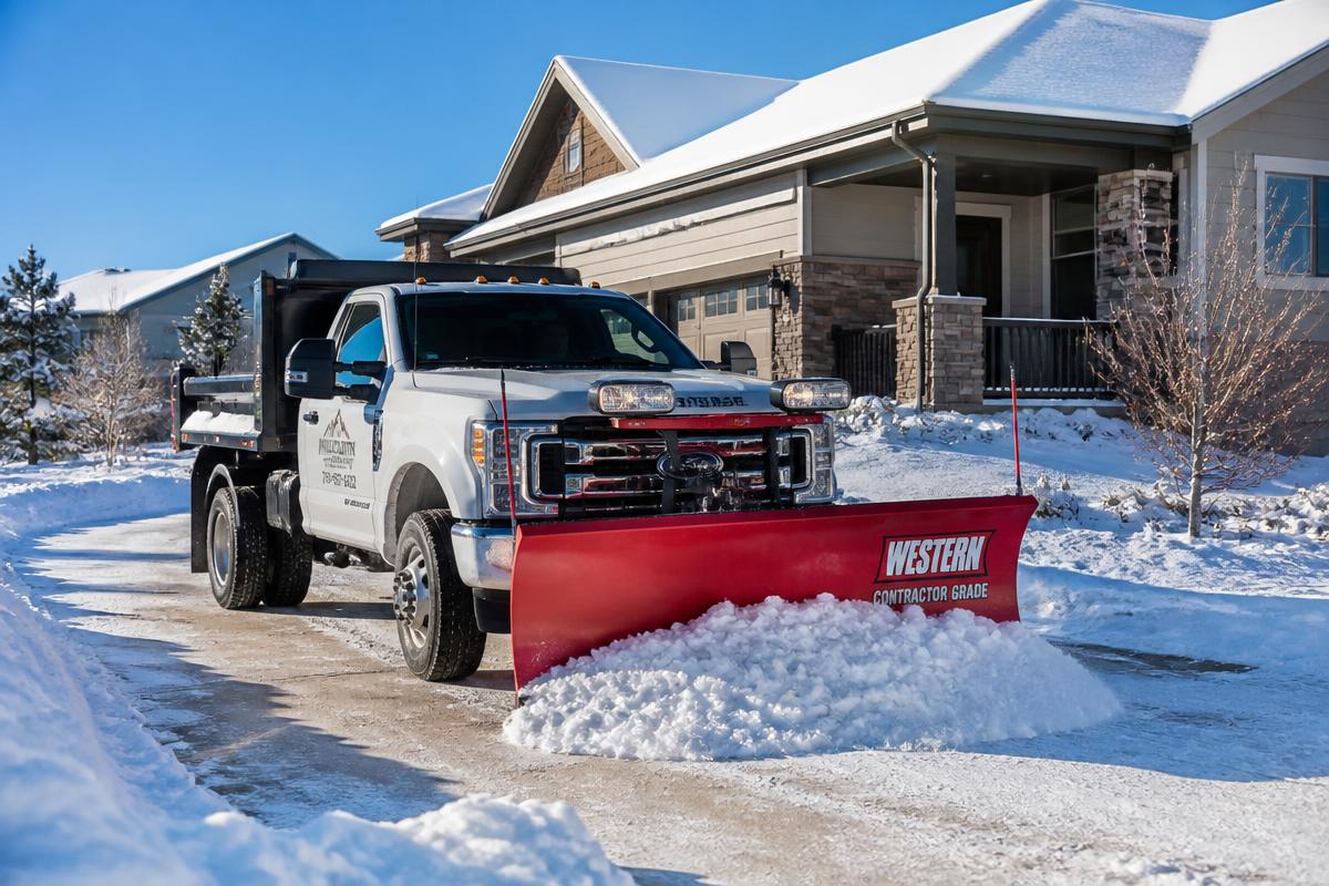 Professional snow plowing truck clearing a residential driveway